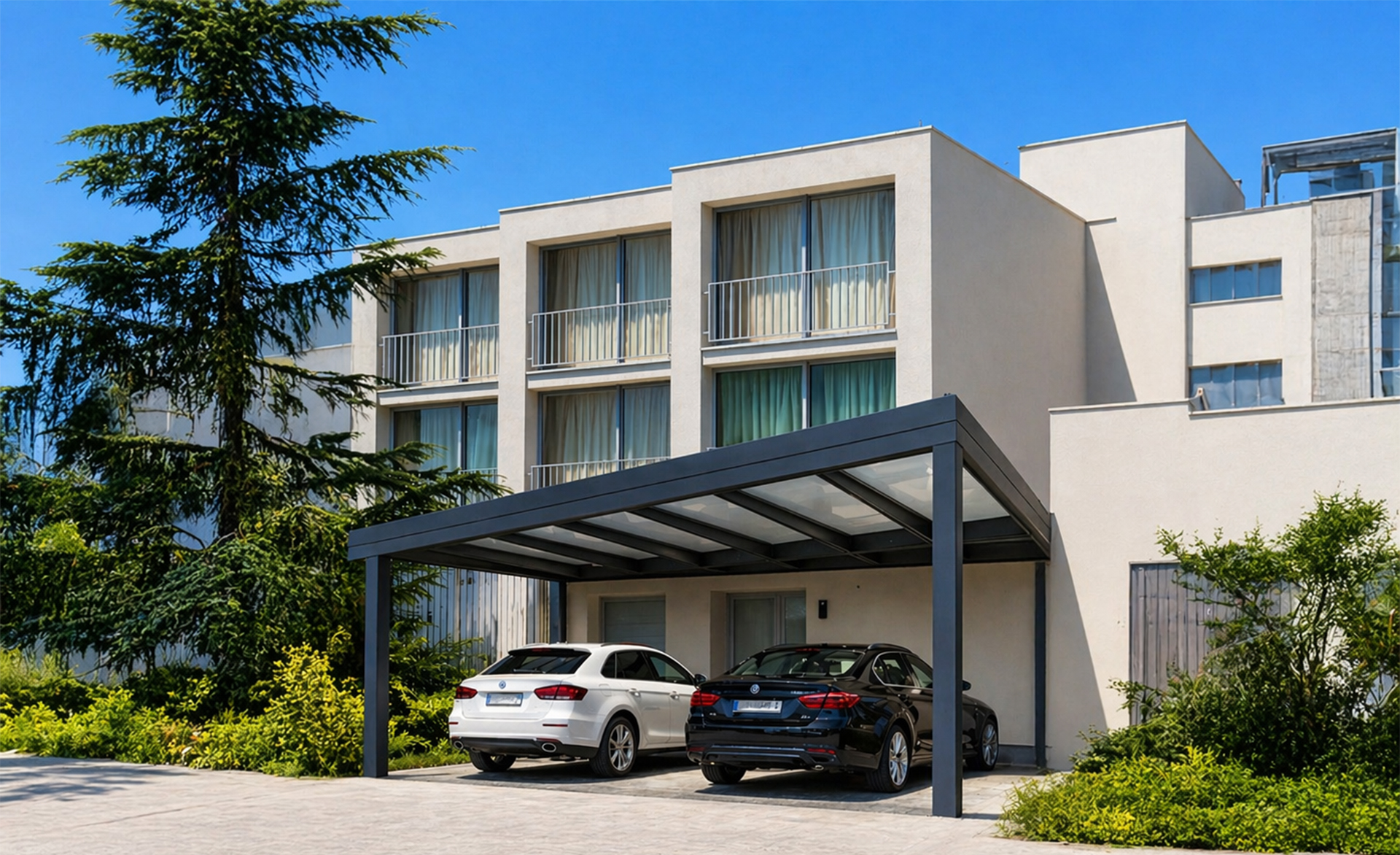 Modern aluminum terrace roof on a bright day