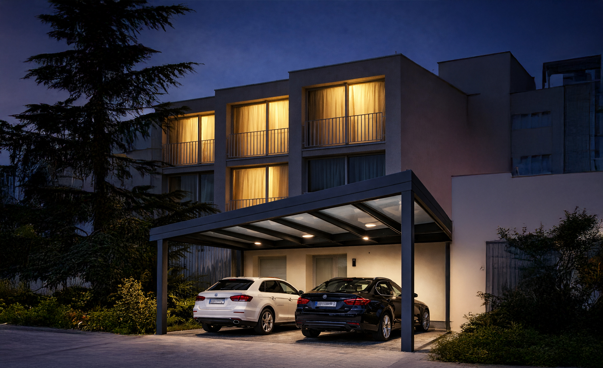 Modern aluminum terrace roof at night